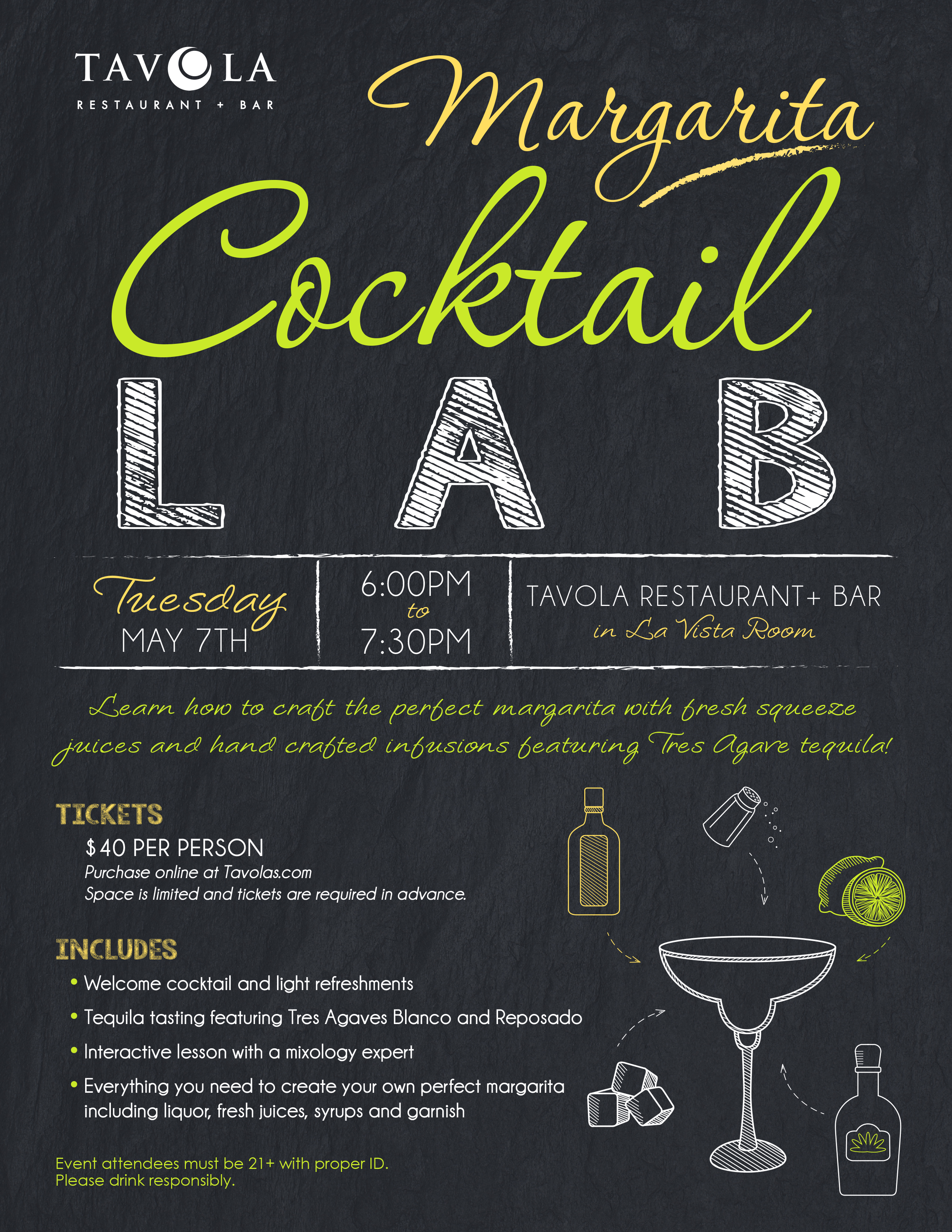 Black, yellow and white Margarita cocktail lab flyer detailing event info for May 7th cocktail lab function at Tavola.