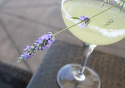 Light yellow cocktail served in martini glass with salted rim and garnished with purple and green lavender spring.